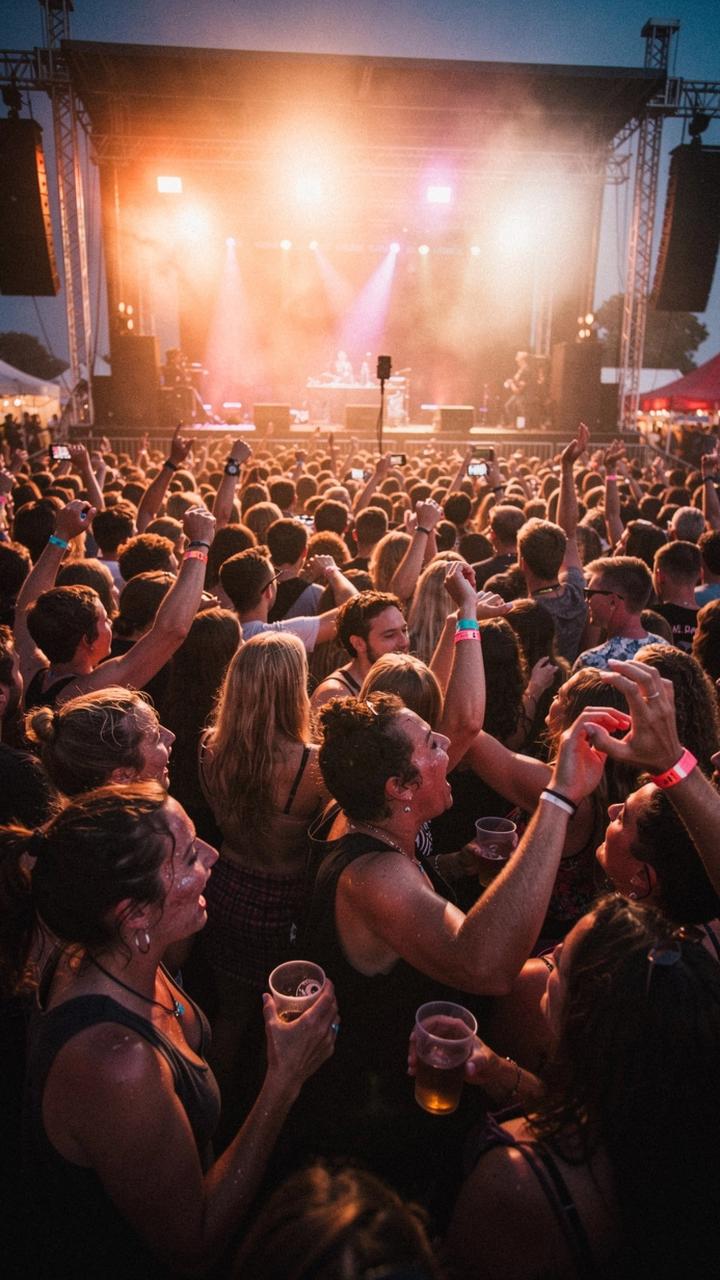 Festival crowd dancing at dusk in front of a lit open-air stage