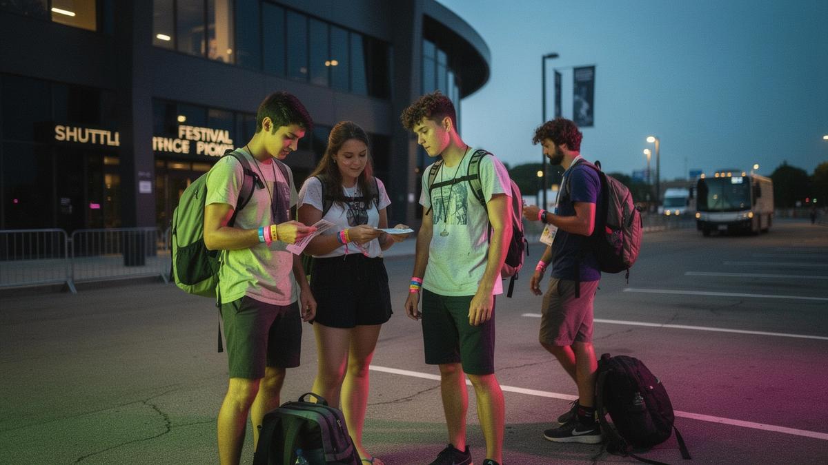 Travelers waiting for a night shuttle outside the venue